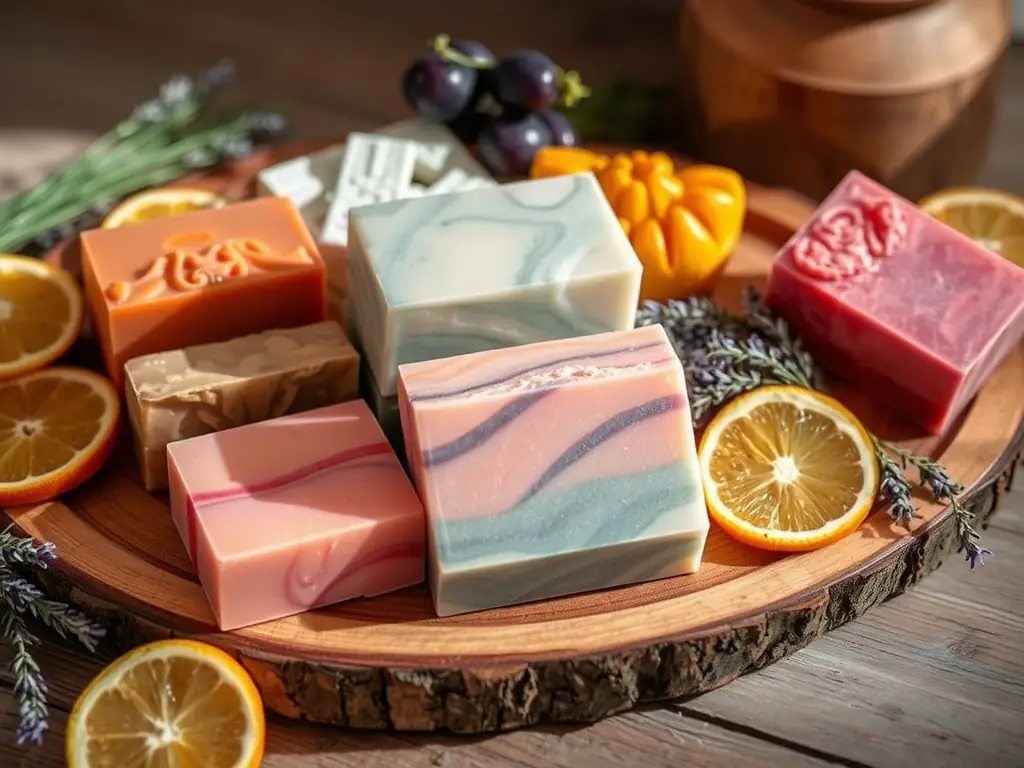 A close-up shot of a variety of handmade soaps, showcasing different colors, textures, and natural ingredients, arranged on a rustic wooden surface.
