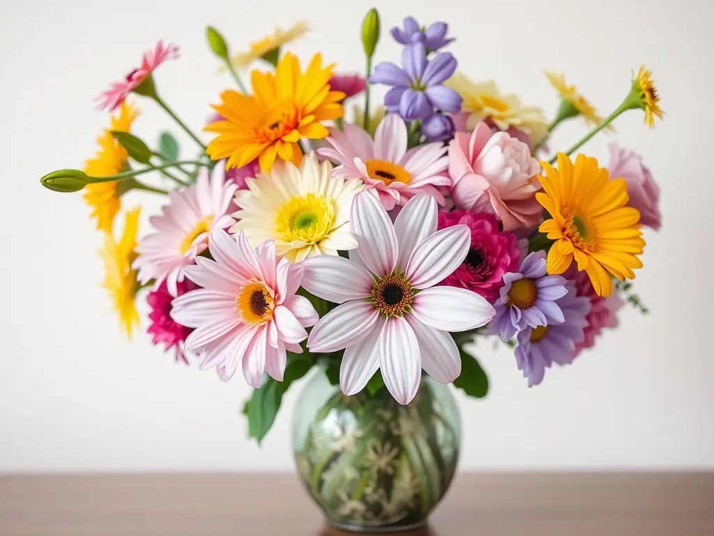 A collection of beautifully arranged, fresh-cut flowers in a vase, photographed in a bright, natural light setting, highlighting the colors and textures of the blooms.
