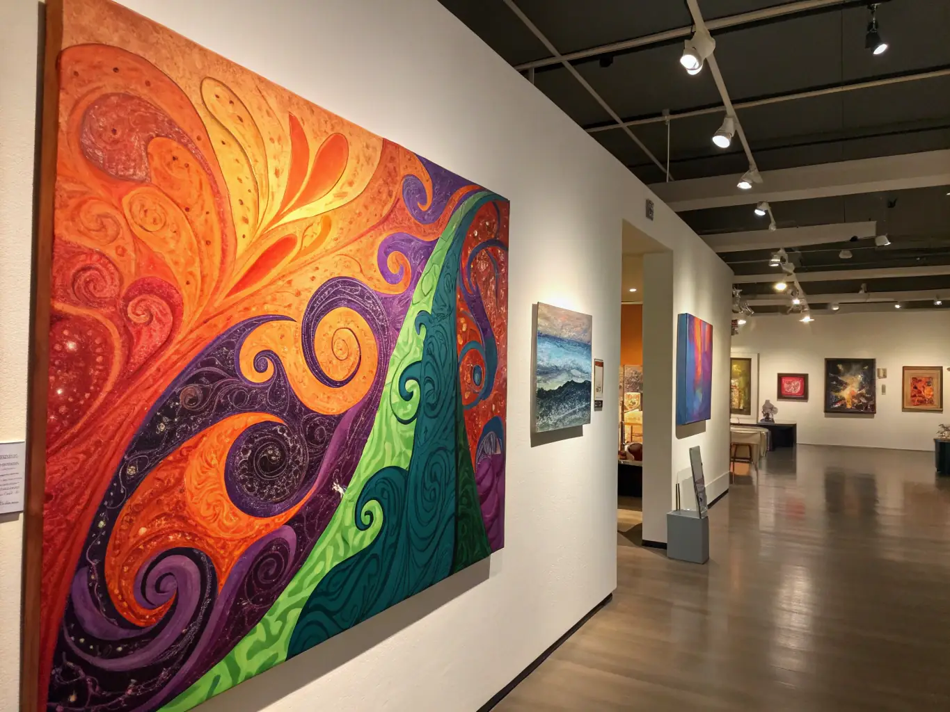 A vibrant, colorful abstract painting created by a young artist, displayed in a well-lit gallery setting, showcasing brushstrokes and texture.